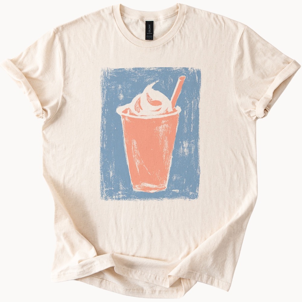 Retro Beverage Cup Graphic Tee Block Print Style Design